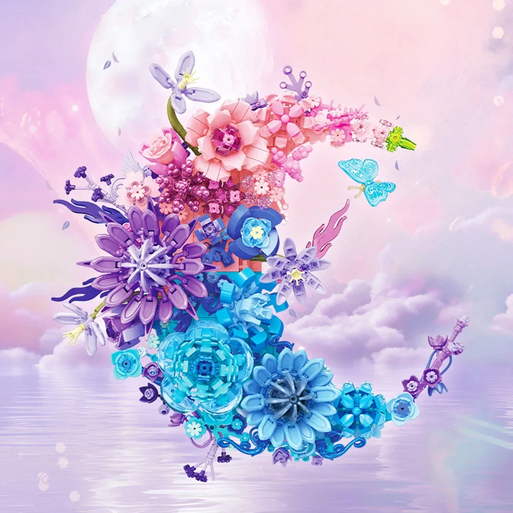 ตัวต่อสร้างสรรค์ 977 ชิ้น ชุดดอกไม้พระจันทร์แสนโรแมนติก ดอกไม้อมตะ แบบจำลอง DIY MOC บล็อกตกแต่งผนังบ้าน ของขวัญ