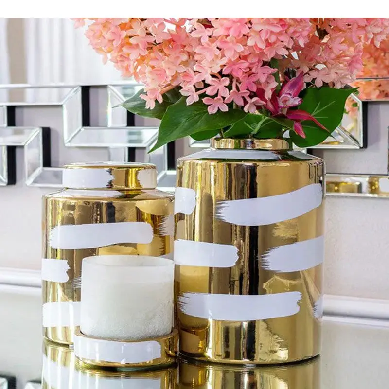 

Gold-plated Cylinder Ceramic Storage Jar Minimalism Porcelain Desktop Flower Arrangement Jewelry Jars Cosmetic Containers