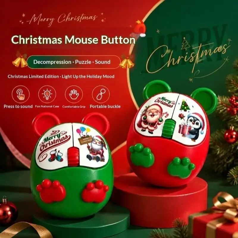 (Ce14)Christmas Themed Fidget Mouse Toy With Press Sound Holiday Print Great For Christmas Gift Kid Stress Relief Party Favor
