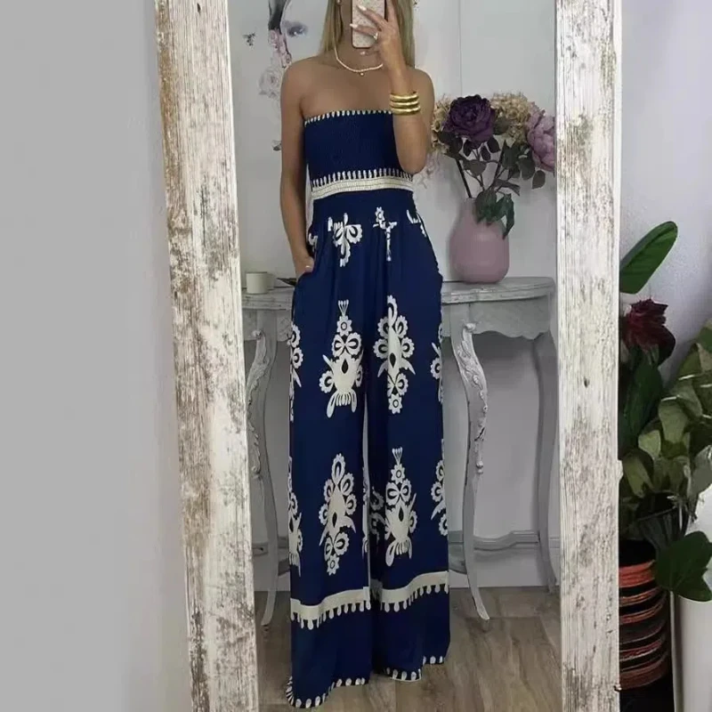 2024 여성 여름 신상 스플라이스 랩 체스트 프린트 하이웨이스트 포켓 폴드 패션 민소매 미니멀리스트 캐주얼 점프수트