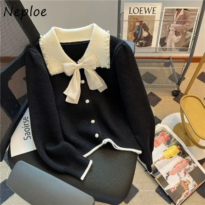 Neploe Vintage Sweet French Style Small Fragrance Bow Knit Top Exquisite Ladies Chic Heavy Pull Femme Beading Panelled Cardigan