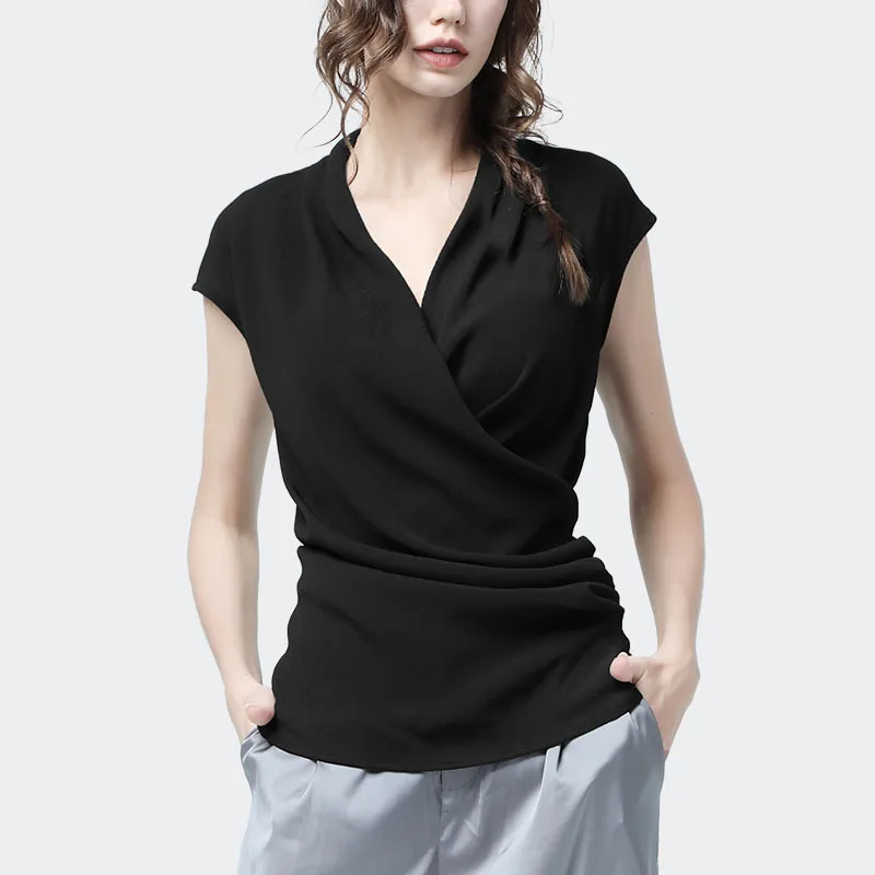 Women\' Wrinkle-free Chiffon Blouse V-neck Short Sleeve Summer Tops Solid Color Casual Office Ladies Sleeveless Shirt