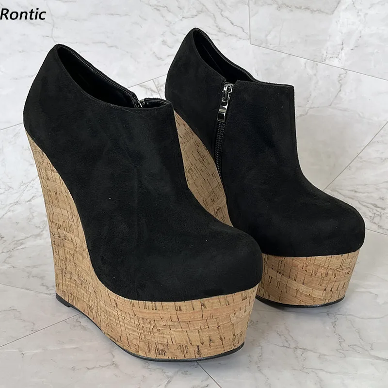 

Rontic/женские туфли-лодочки ручной работы на платформе из искусственной замши, пробковые туфли на танкетке, элегантные черные повседневные туфли с круглым носком, размер США 5-20