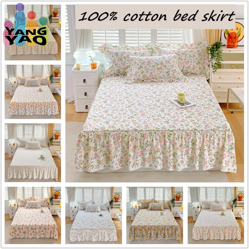 

100% Cotton Bed Skirt colcha de cama queen Floral Style Bedspread Girls Room Lace Mattress Cover 120x200(Pillowcase Need Order)