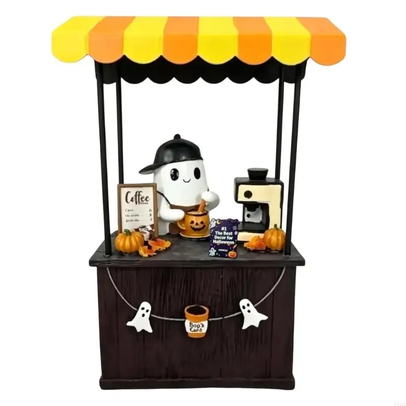 Halloween Decorative Figurine with Miniature Coffee-Serving Spirit Stand, Pumpkin Cup, Coffee Machine, and Striped Canopy KXRE