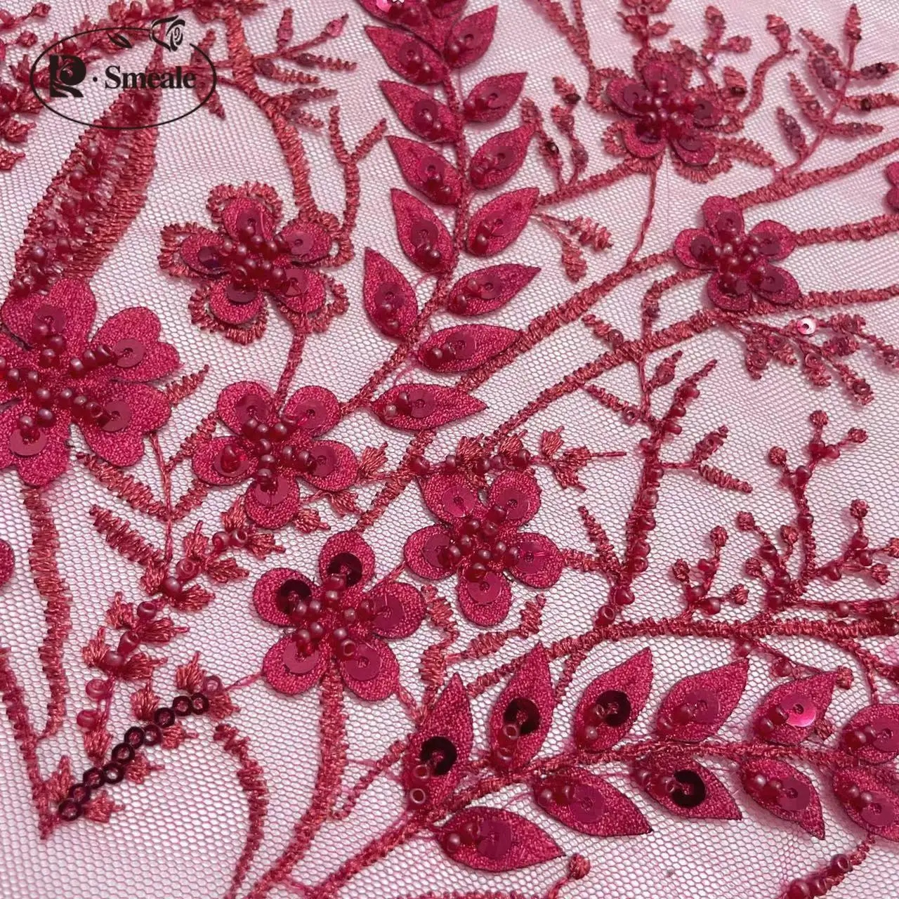 Luxury Beaded Applique Wine Red 3D Bridal Lace Fabric, Embroidery Flowers and Leaves Sequins, High-end Dress Fabric, RS24443