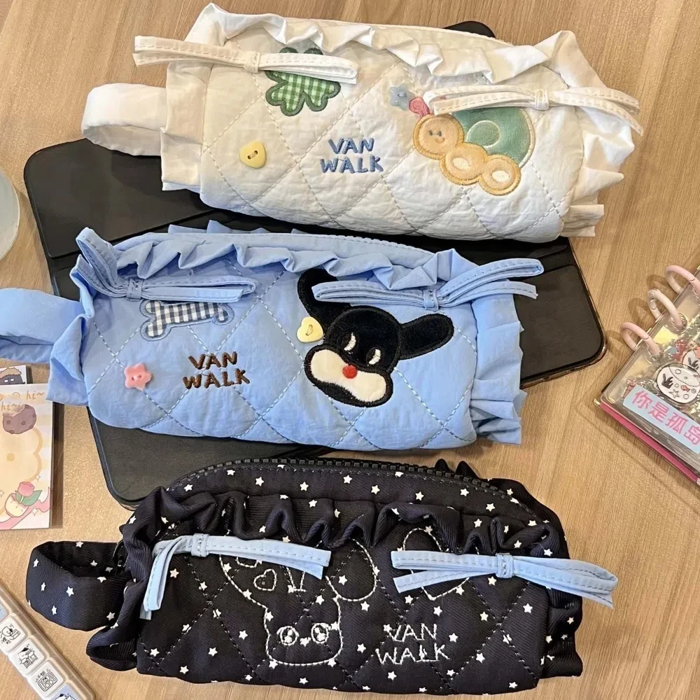 Kawaii Sweet Bow Pen Bag Large Capacity Ruffle Makeup Storage Bag Organize Dog Rabbit Pencil Pouch Case Students