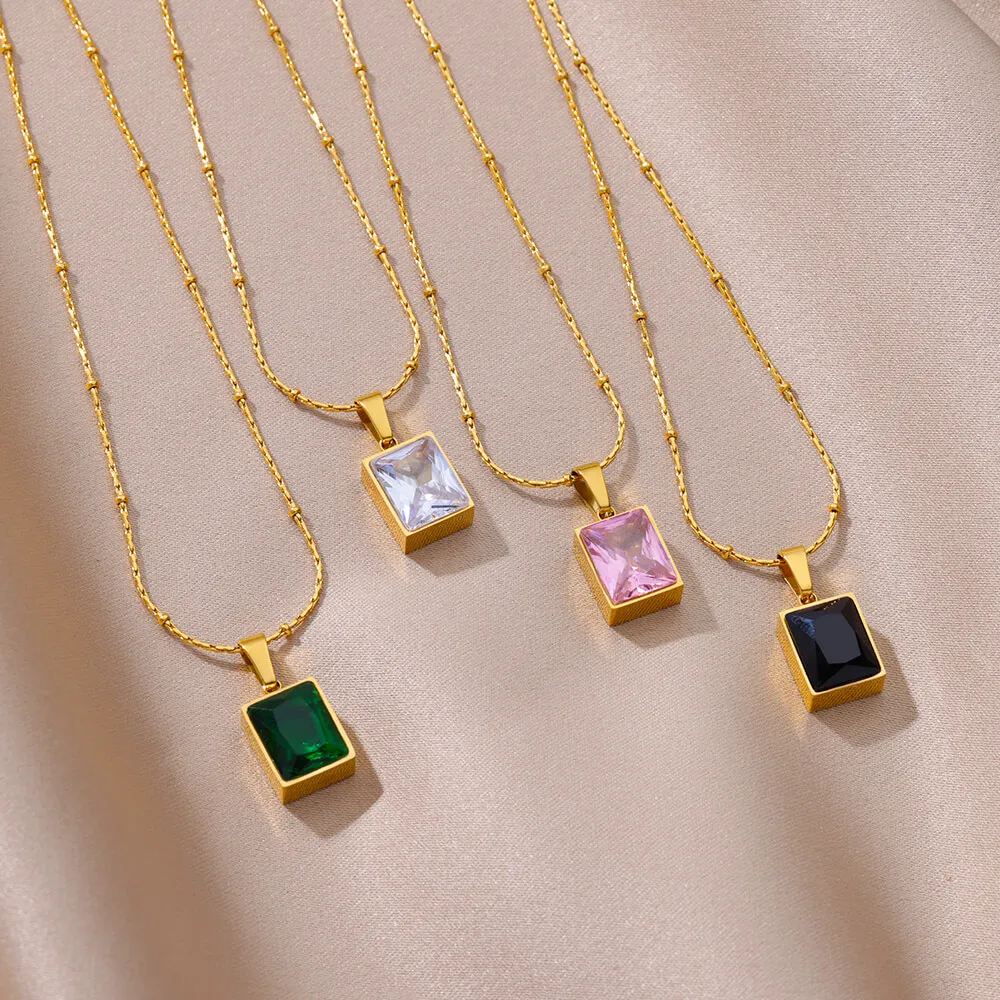 Square Zircon Necklaces For Women Gold Color Stainless Steel Necklace Pendant Jewelry Female Neck Chain Girlfriend Birthday Gift