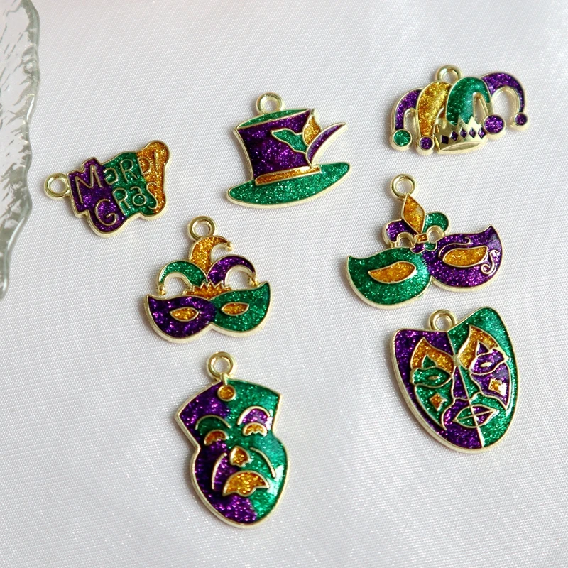 10pcs Mardi Gras Carnival Fat Tuesday Metal Pendant Shiny Hat Mask Alloy Charms DIY Necklace Bracelet Earring Keychain Accessory