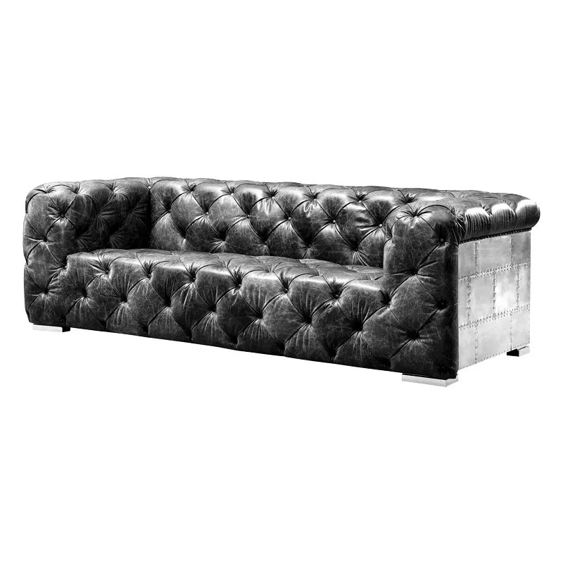 

American style, oil wax leather, pull button, sofa, industrial style, aluminum leather, living room, retro.