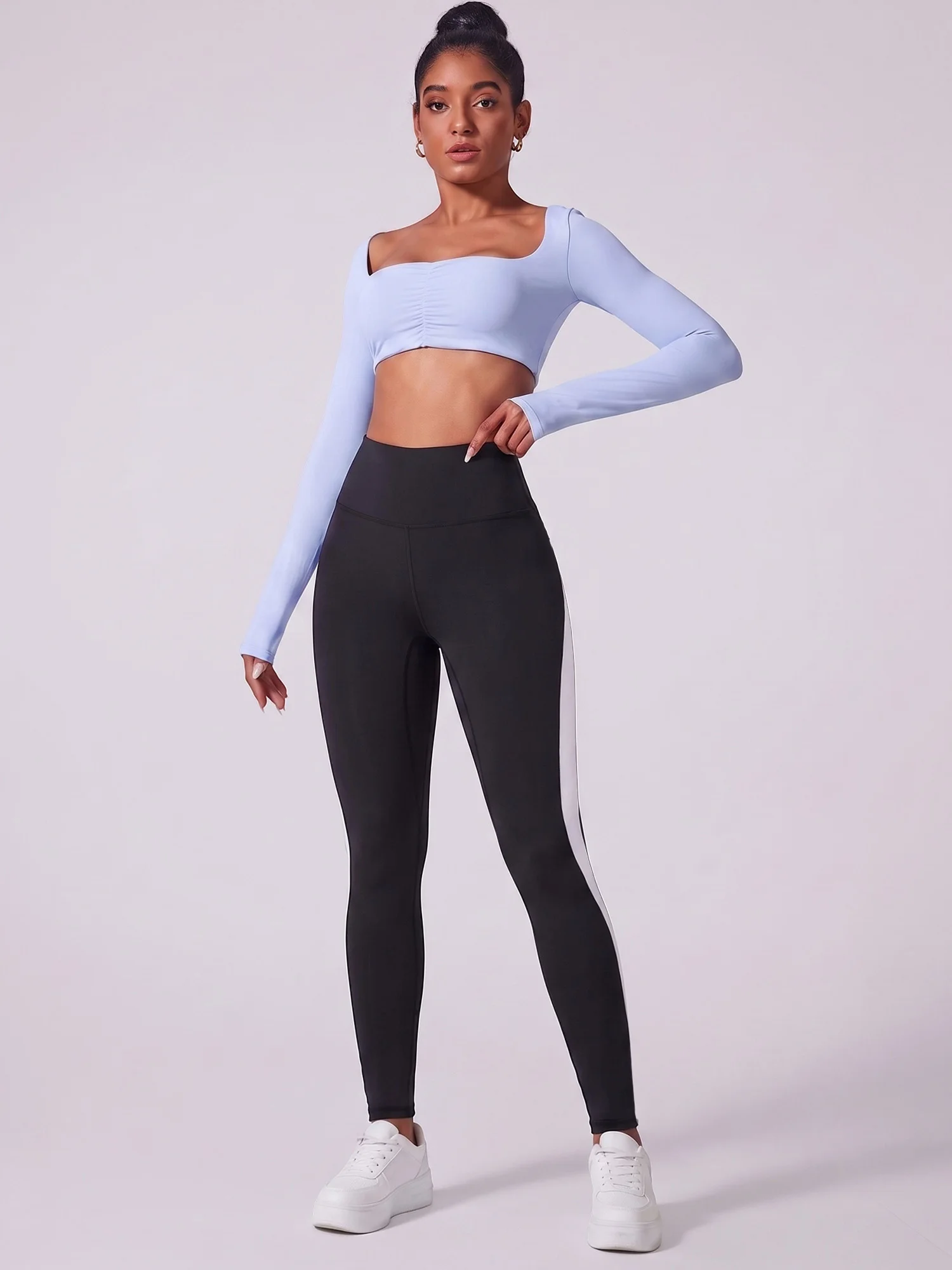 Trend Side Curved Contrast Stripe Women Fashion Leggings High Waist Slimming Hip Enhancing Casual Outfit