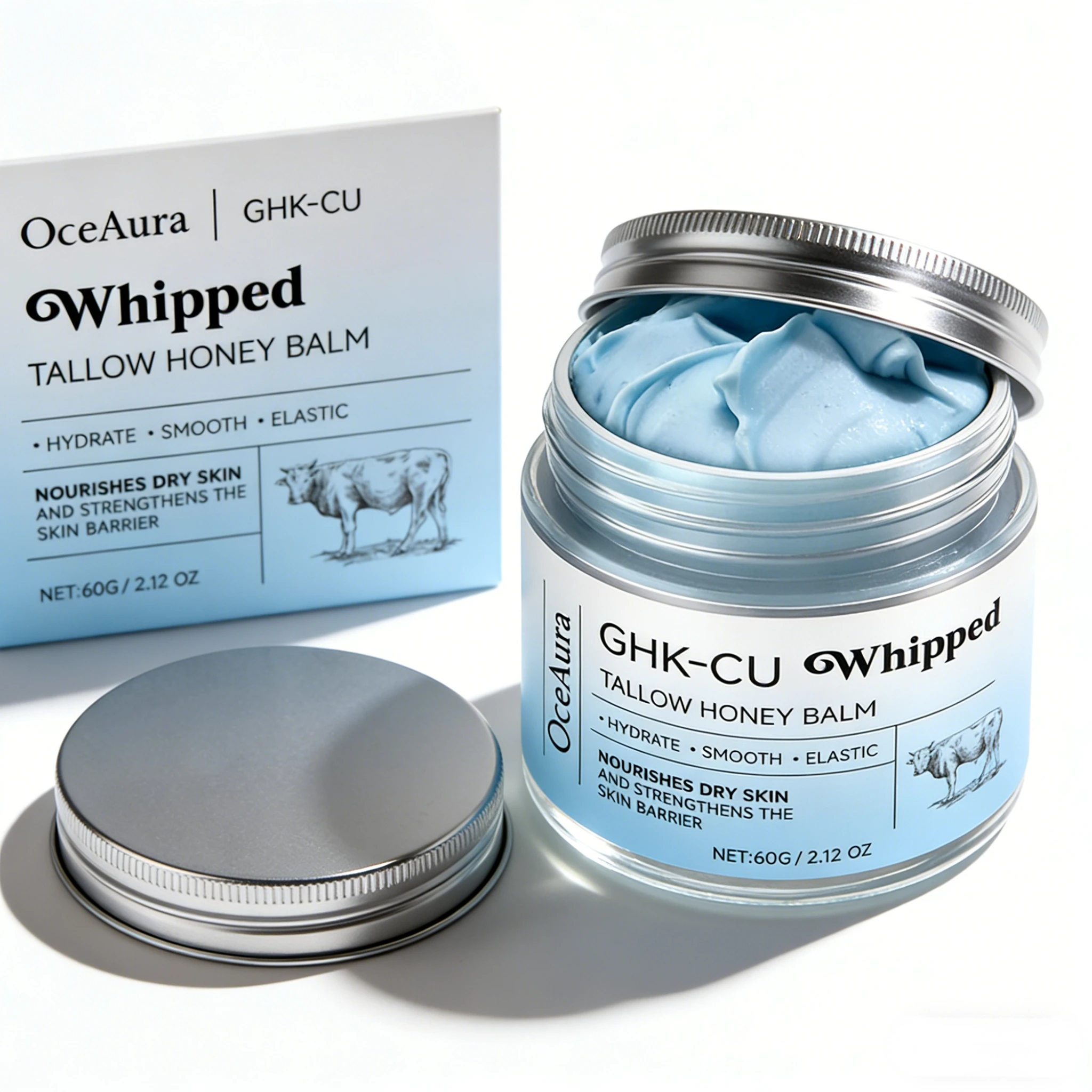 GHK-Cu Peptide & Beef Whipped Tallow Honey Blue Balm Cream for Mature, Dry, Sensitive Face and Body Moisturizer Skincare