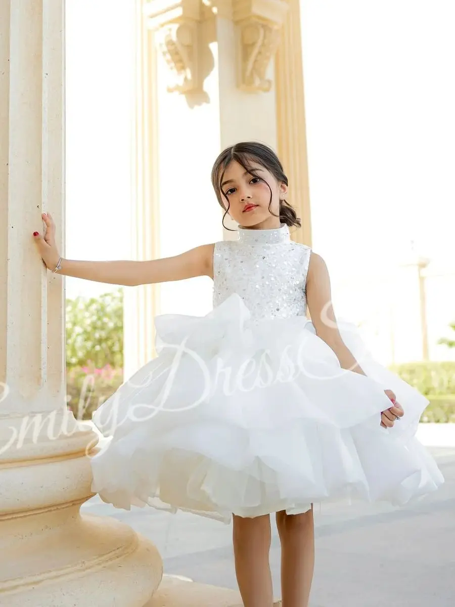 

Customized White Sequins Flower Girl Dress For Wedding Shining Beaded Tulle Cute Kids Birthday Party First Communion Gown