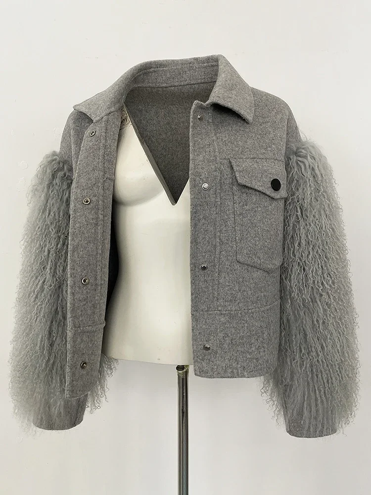 

Women New Fashion Thick Warm Real Fur Cashmere Wool Coat Short Mongolia Sheep Fur Wool Jacket Autumn Winter Clothes Lady