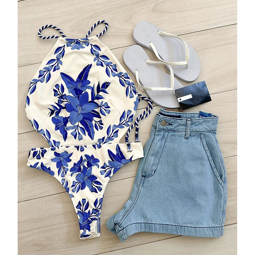 قطعة واحدة ملابس السباحة للنساء 2025 جديد خمر ملابس السباحة الرجعية طباعة ملابس السباحة الرسن بحر مثير Monokini الإناث ثوب السباحة