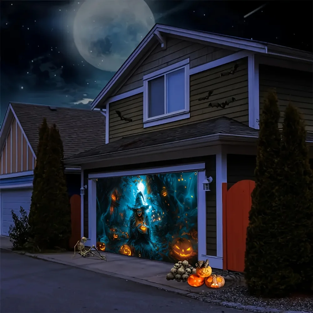 لافتة جراج الهالوين - بوليستر، تصميم فانوس اليقطين لقلعة الساحرة المخيفة، ديكور حفلات الهالوين الليلية
