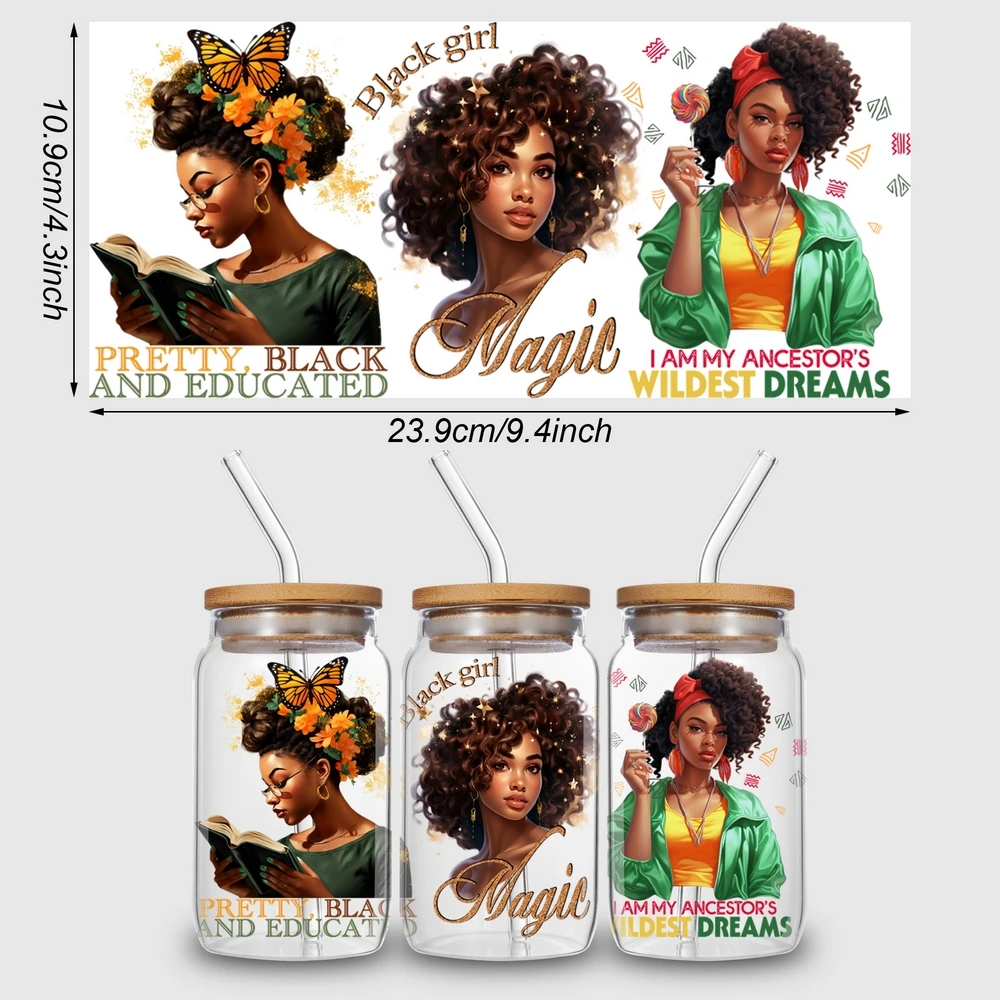 5 sheets black woman UV DTF cup stickers, glass sports DTF transfer stickers, waterproof wipe transfer paper for 16 oz glass