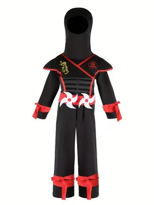 Kids Black Ninja Costume With Hood Red Trim Dragon Print Shuriken Waist Decor Halloween Warrior Cosplay Outfit