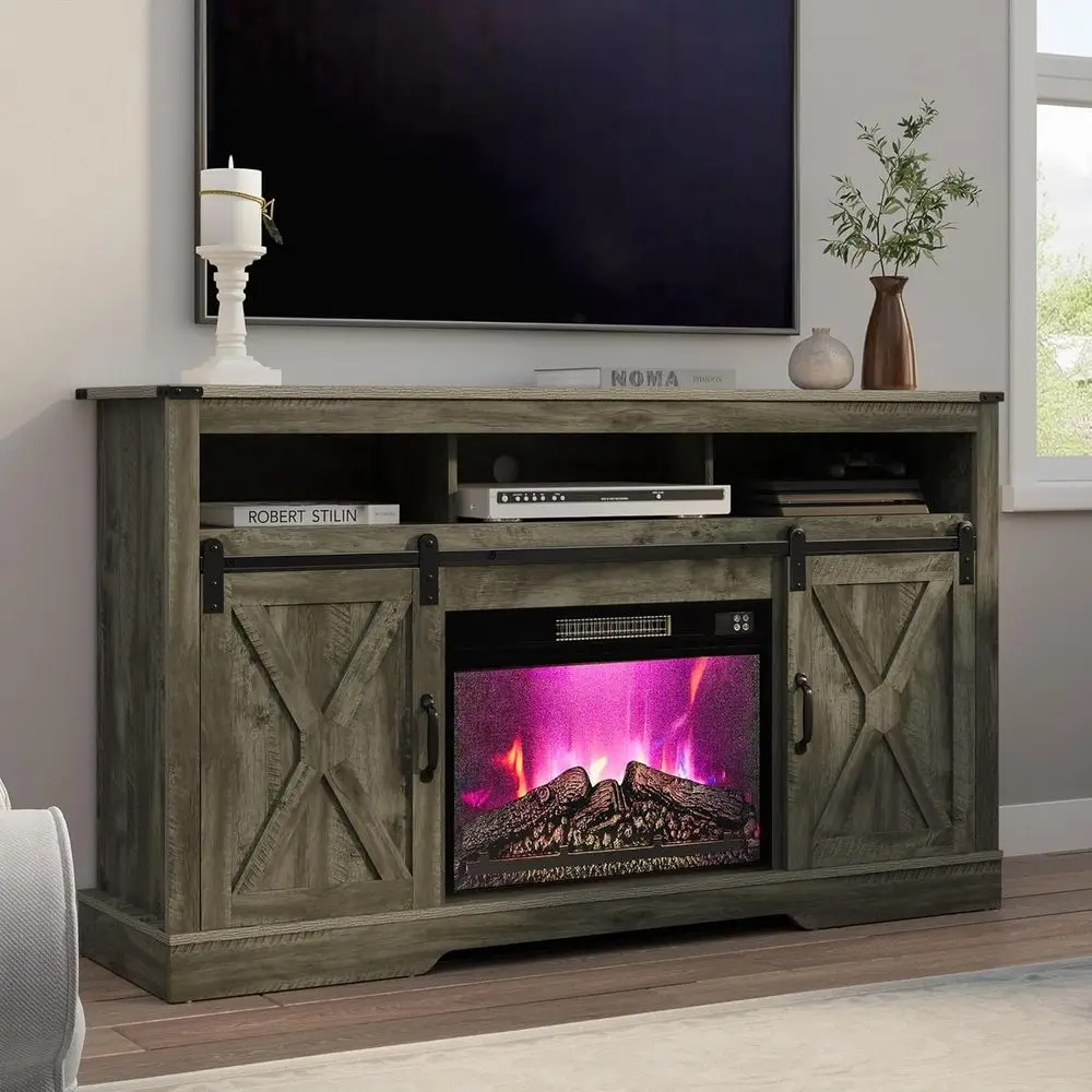 

65+ Inch TV Entertainment Center with 23 Electric Fireplace, Sliding Door, and Light Grey Finish