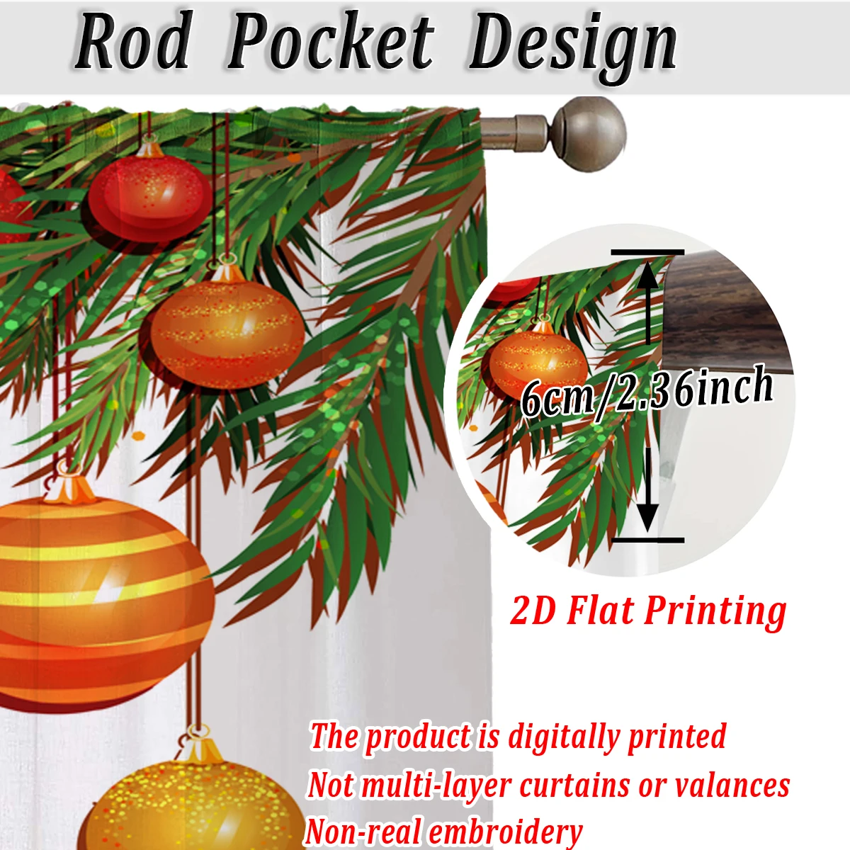 Christmas Flat Printing Kitchen Sheer Curtain with Merry Christmas Ball Pine Branch For Christmas Home Decor  Party