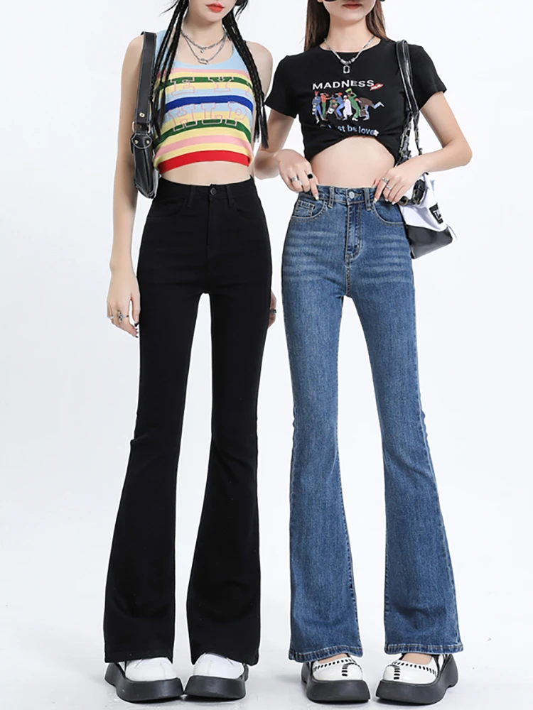 

High Waist Flared Jeans Women's Spring Summer Large Size Tall Women Hanging Cuff Pants Deep Color Long Pants Ladies Jeans