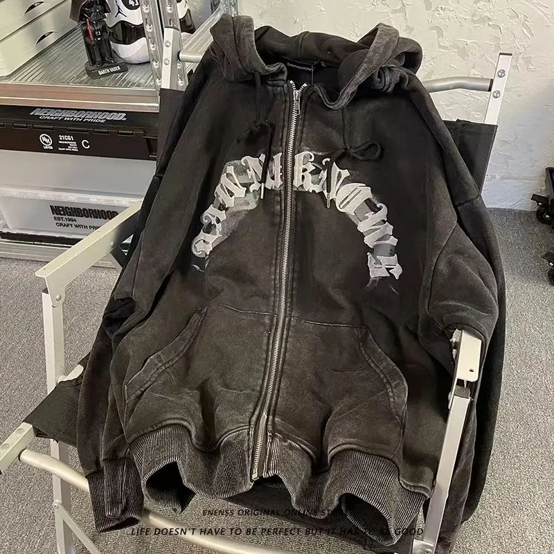 

Vintage Letter Printed Women's Casual Hoodie Autumn New Street Style Unisex Sweatshirt Cardigan Female Long Sleeved Thin Jacket