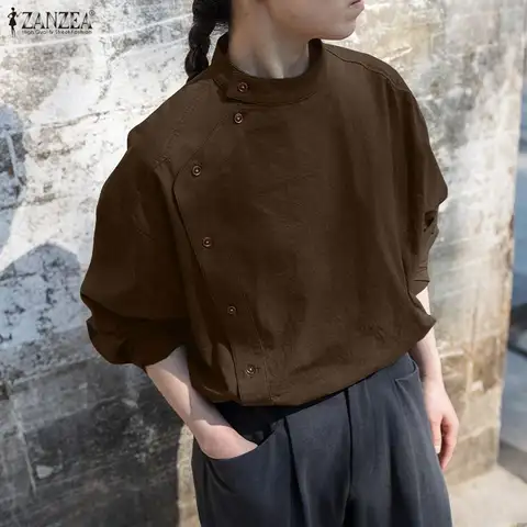 ZANZEA Camicette moda donna Camicie a maniche lunghe 2025 Autunno Colletto alla coreana Bottoni Solido Elegante Office Lady Vintage Top Blusas