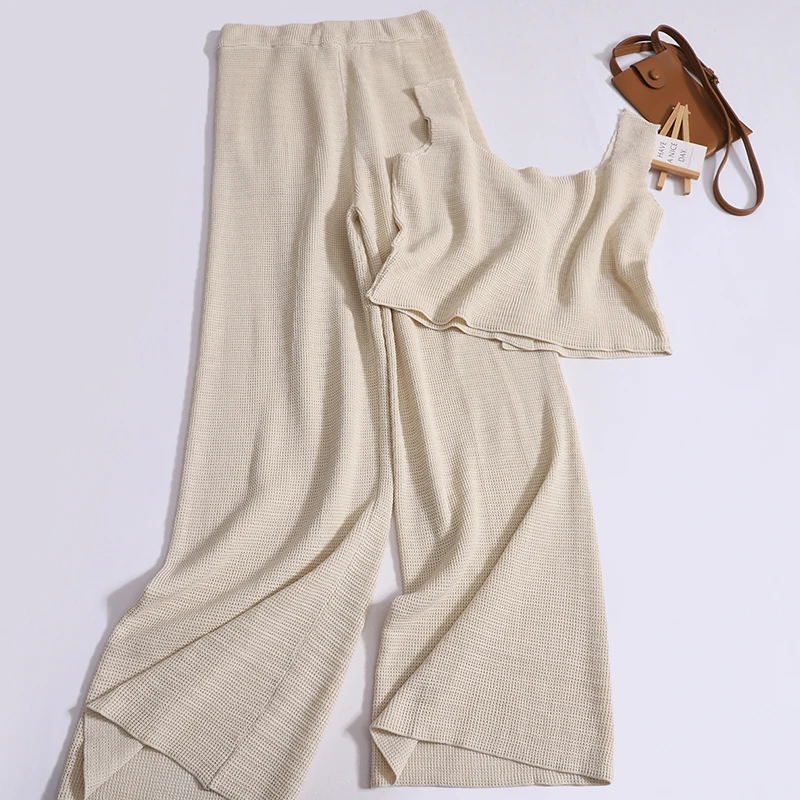 Square Neck Short Vest + High Waist Wide-leg Pants 2-piece Women's 2024 Korean Elegant Fashion knit Wide Strap Tank Top Trousers