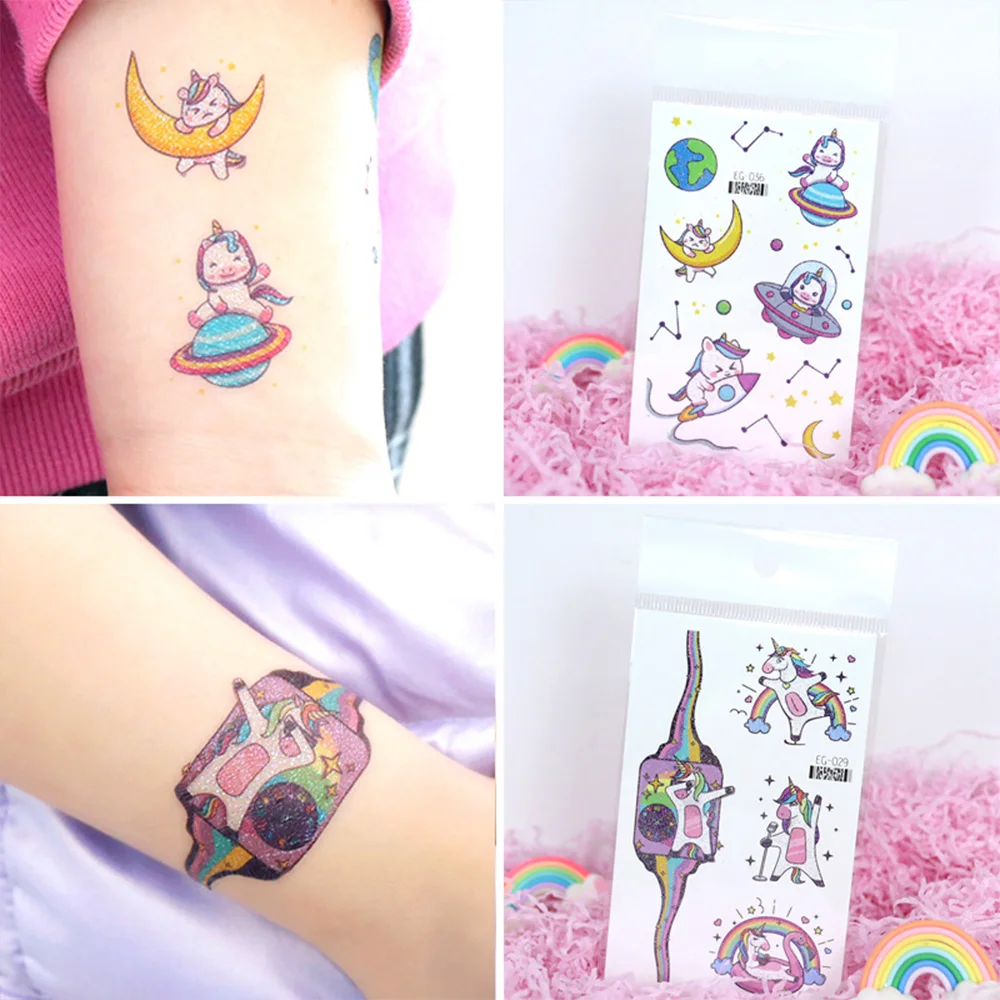 12 Blatt glitzernde rosa Einhorn-temporäre Tattoos, glitzernde Stile, wasserfest, glänzendes Regenbogen-Einhorn, Geburtstagsparty-Zubehör – Detail 3