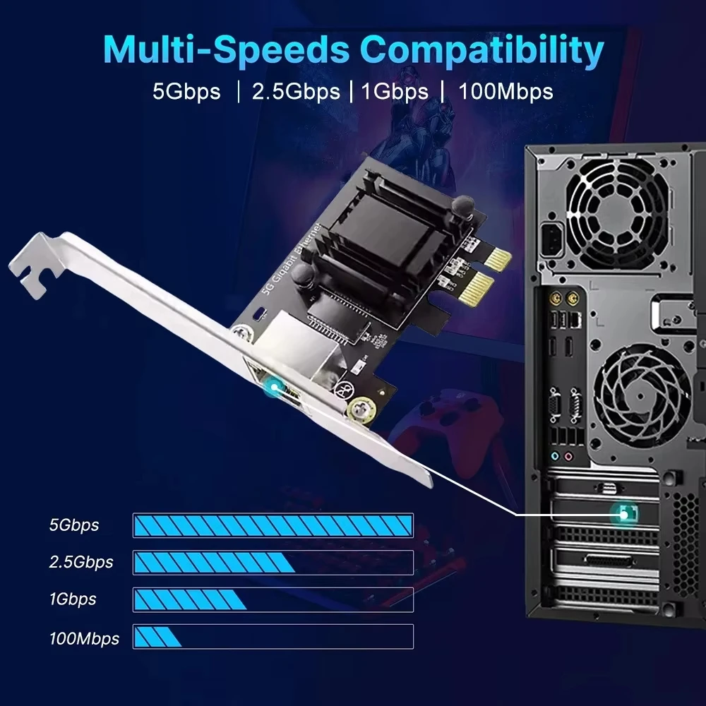5G PCI-E to RJ45 Network Card Realtek 8126 1000/2500/5000Mbps RJ45 Interface Gigabit Ethernet PCI Express X1 X4 X8 X16 Adapter