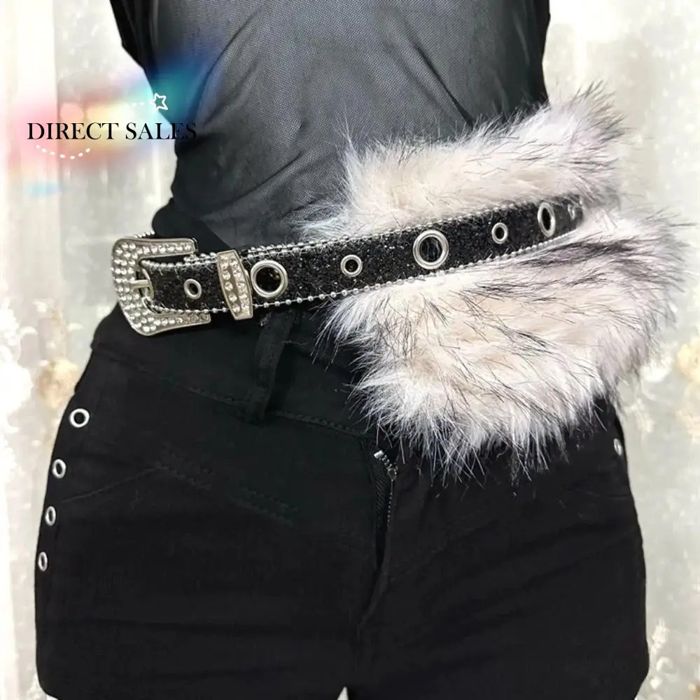 

Простой кожаный меховой ремень со стразами, пикантный стиль девушки, пушистый пояс в стиле панк, декор для джинсов, ретро Y2K, плюшевый пояс на каждый день