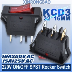 5PCS KCD3 220V ON/OFF SPST Rocker Switch Single Pole Single Throw 2Position 3Pin 15A 125VAC With LED Light 32*16mm Double buckle
