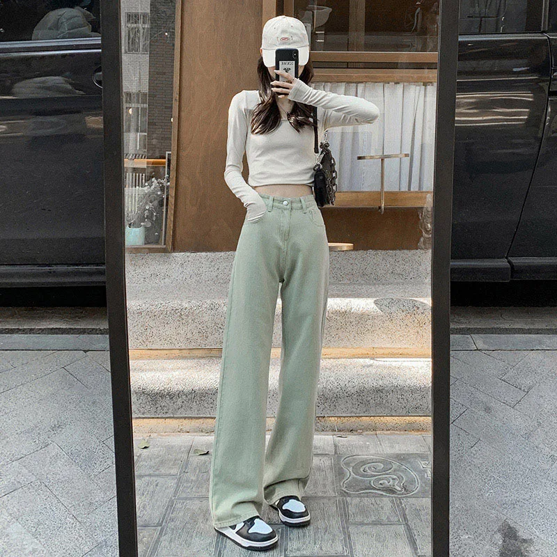 Mint Green High Waist Wide Leg Jeans Summer Y2k Women\'s Jeans Cotton Elastic Loose Mopping Straight Trousers Skinny femme