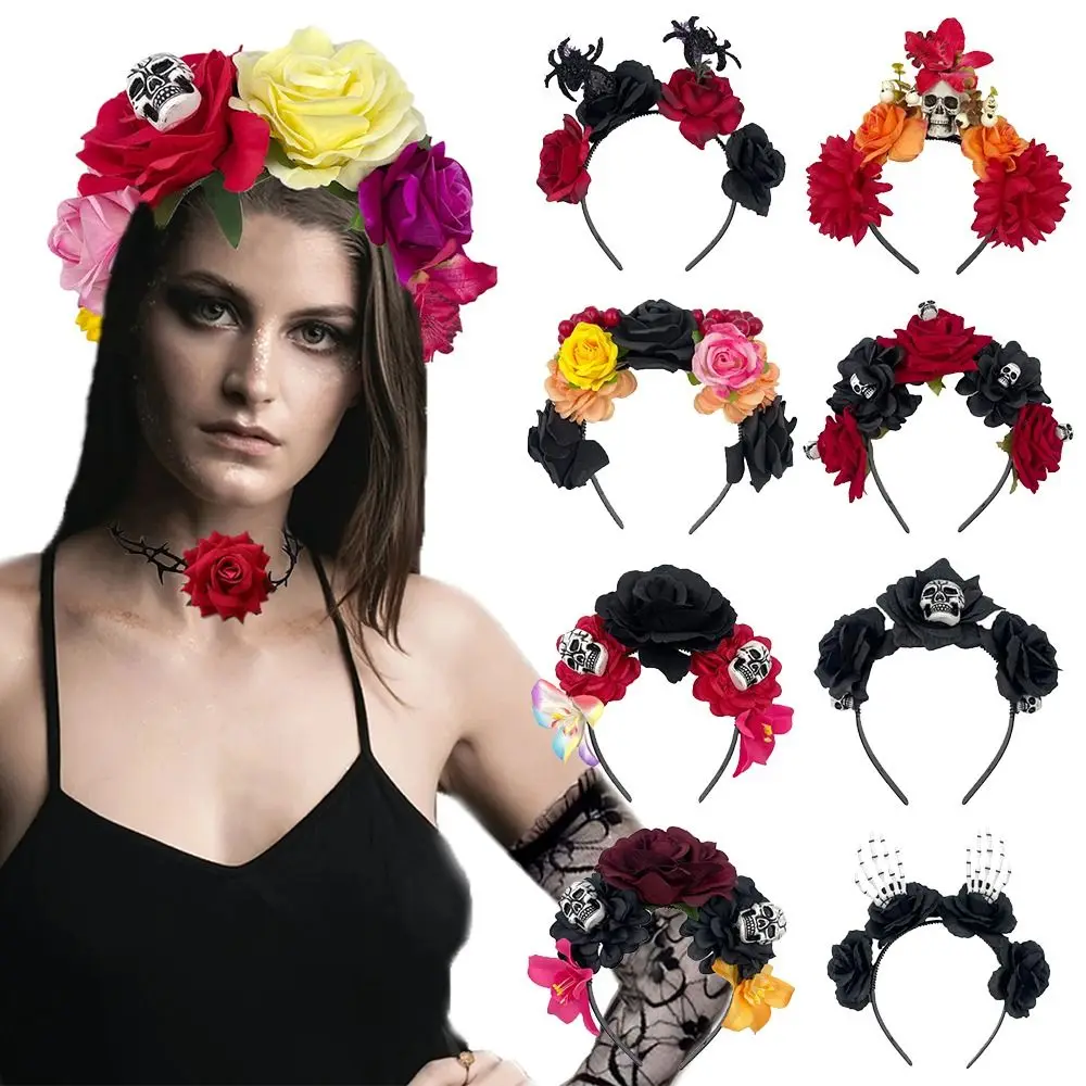 Fashion Mexican Rose Flower Crown Headband Party Costume Photo Props Day of The Dead Headpiece Boho Halloween Headwear for Women