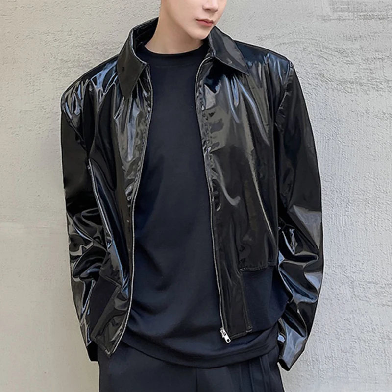 Rib Bottom Men Patent Faux Leather Jacket Turn Down Collar 2022 Spring Autumn Mens Zip Up Loose PU Coat Black