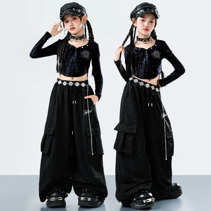 

Черный джазовый костюм для девочек, одежда в стиле K-pop, топы с длинными рукавами, свободные брюки в стиле хип-хоп, детская одежда для уличных танцев, сценическая одежда BL18685