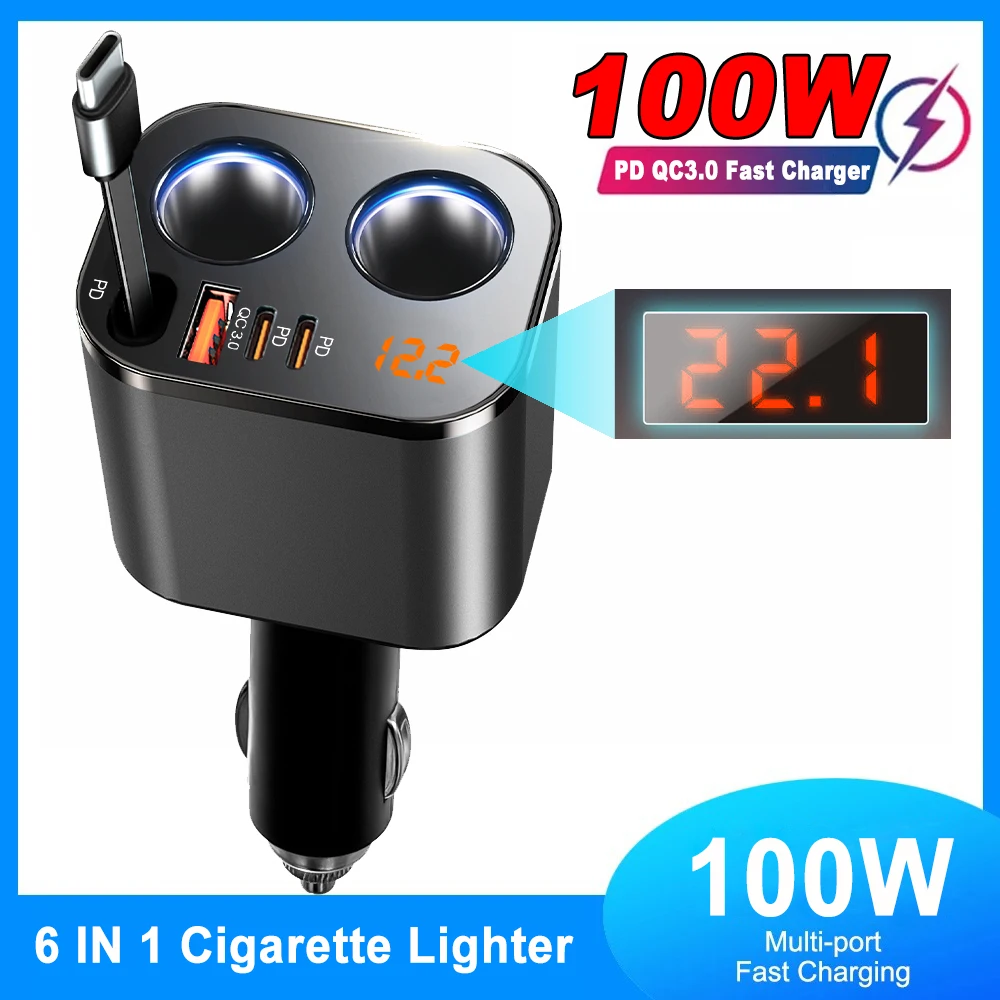 100W 6-in-1 Auto-Ladegerät Splitter PD30W QC3.0 Zigarettenanzünder-Adapter Auto-Zigarettenanzünder-Steckdosen-Splitter mit Voltanzeige