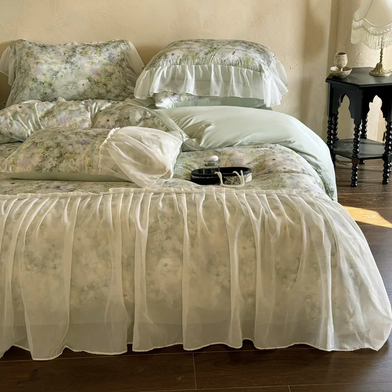 Bonenjoy Quilt Cover with Pillowcase Skirt Style Comforter Cover Skin-friendly Bedding Single/Queen/King Size Duvet Cover 이불커버