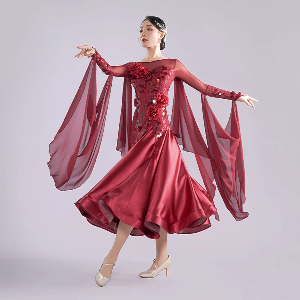 Elegant Ballroom Competition Dress Long Mesh Flowing Sleeve 3D Flower Sequin Women Modern Waltz Foxtrot Stage Dance Costume