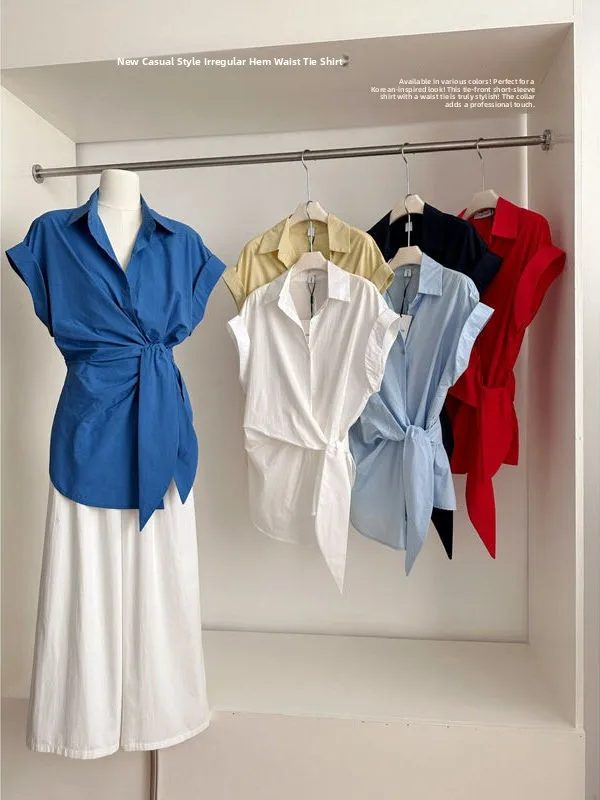 

Elegant Waist-Cinching Women's Shirt Asymmetrical Loose Short Sleeve Summer Casual Fashionable Vintage Hong Kong Style Top