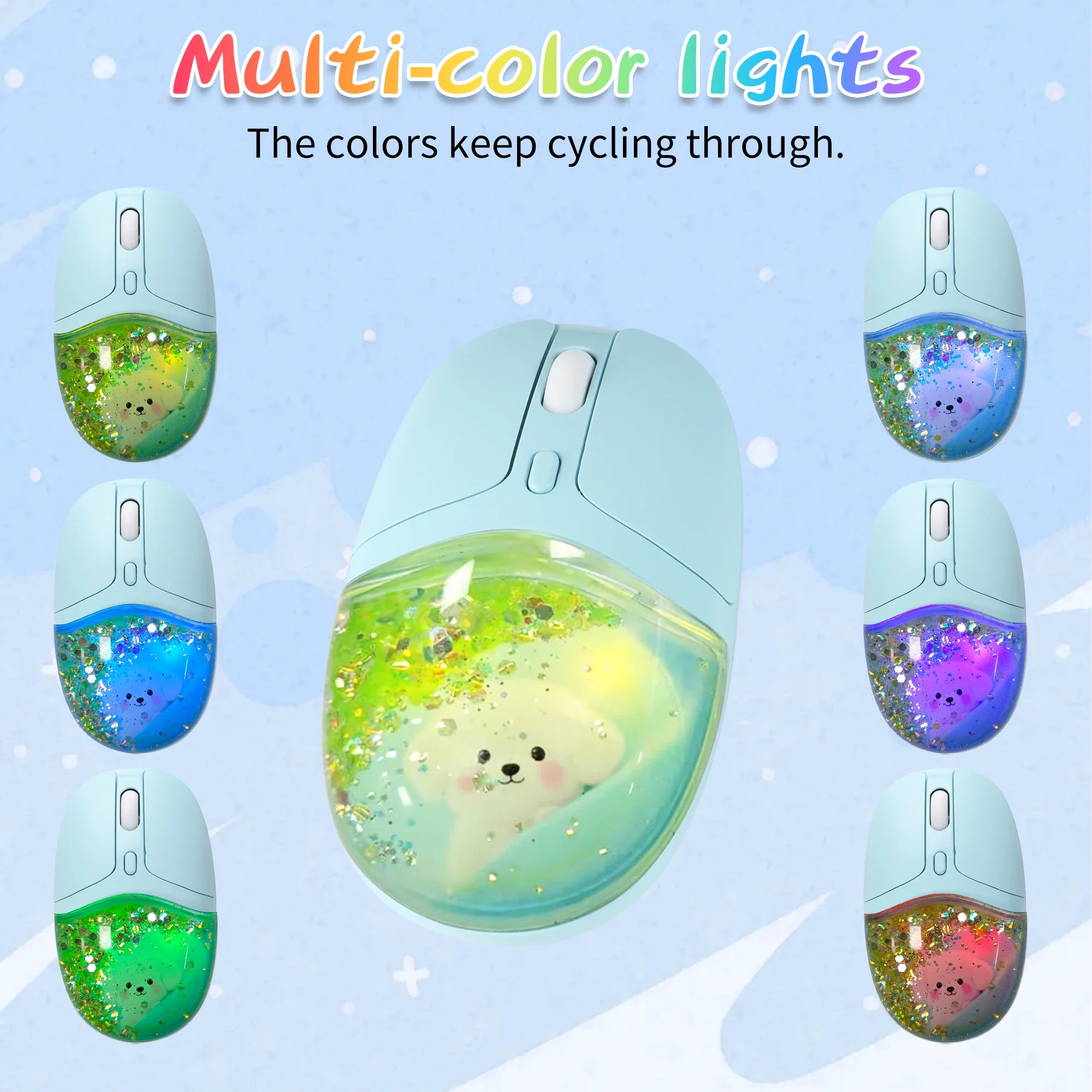 Cute Wireless Mouse Liquid Quicksand Design Bluetooth 2.4G Rechargeable Quiet Button Cartoon Mice with RGB Backlight For Girls