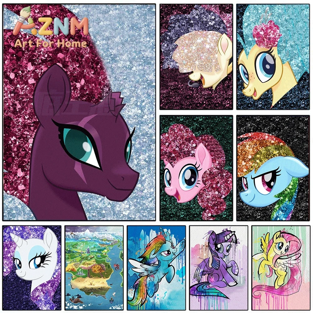 Glitter Texture My Little Pony Canvas Painting Unframed Sparkly Cartoon Pony Character Wall Art Poster for Girls Bedroom Inter