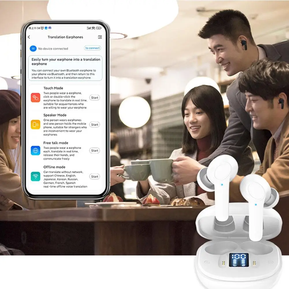 Real Time Voice Translator Earbuds, 144 Idiomas Smart Translate, Suporta Online Offline, 4 Modo de Tradução, 98% Precisão