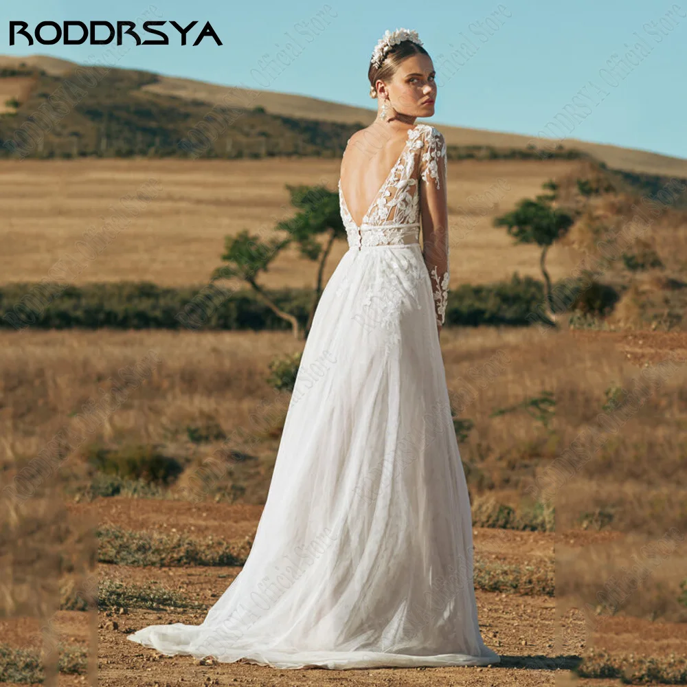 RODDRSYA Vintage Wedding Dresses Long Sleeves Applique Sexy Backless Bride Gowsn Side Split Boho A-Line vestidos de novia