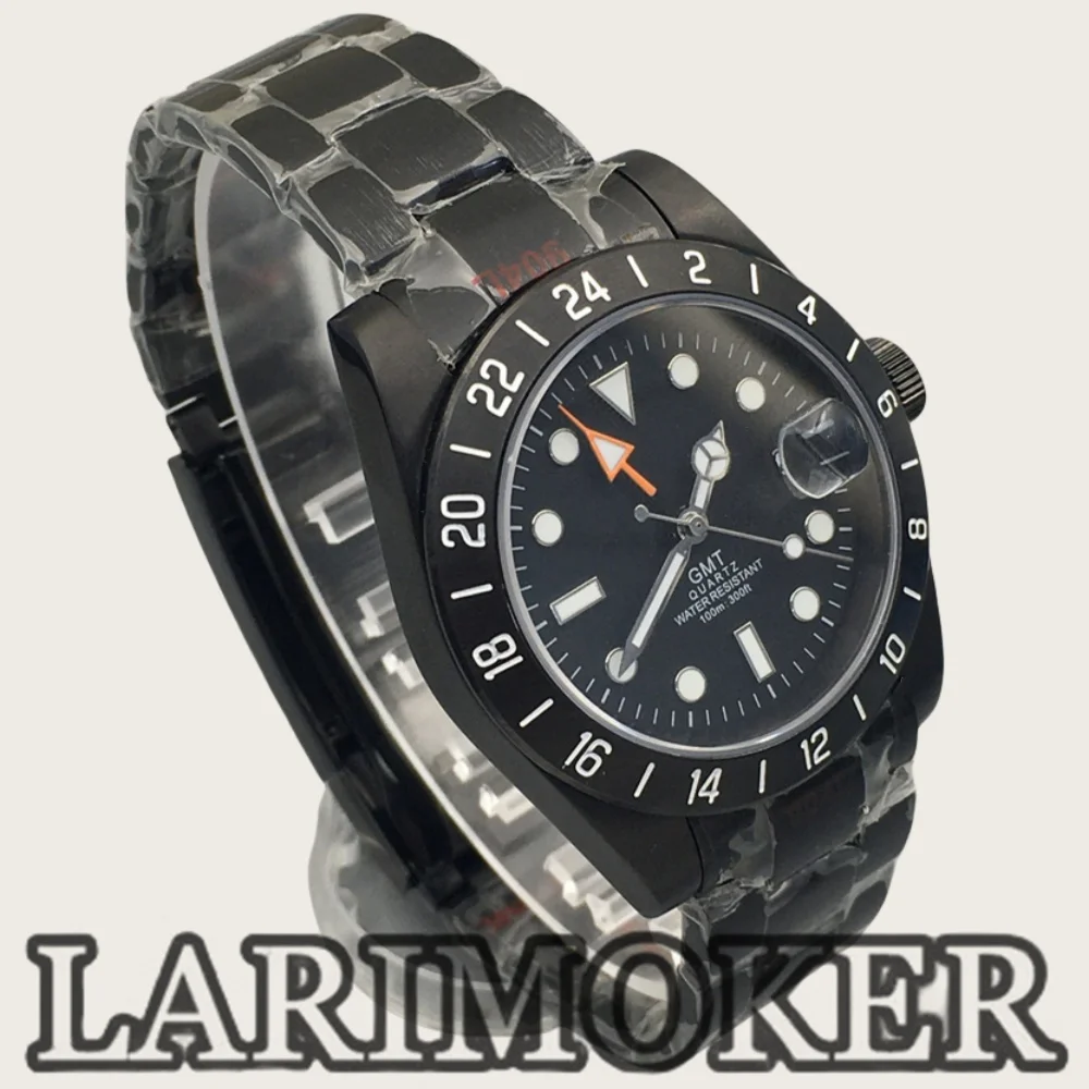 LARIMOKER 39mm Full Black Men's Watch Ronda 515 24Hour Stainless Steel Case Sapphire Glass Black Dial Orange GMT Hand Luminous