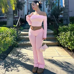 One-shoulder long-sleeved blouse flared pants two-piece spring Europe and the United States women's new fashion casual suit