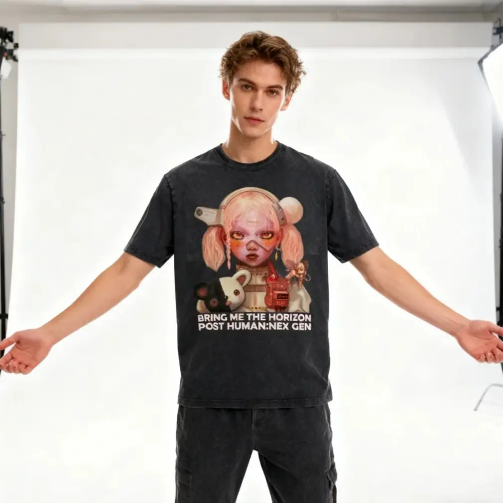 

Bring Me The Horizon Post Human Nex Gen Anime themed Graphic Tee Men's Washed T-shirt Male Rock Casual Streetwear T-shirt