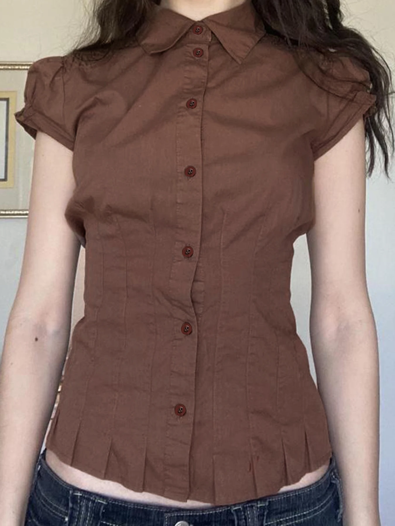 2025 American Retro Preppy Brown Shirts Women Button Up Turn Down Collar Puff Sleeve Shirring Pleated Hem Slim Casual Tops
