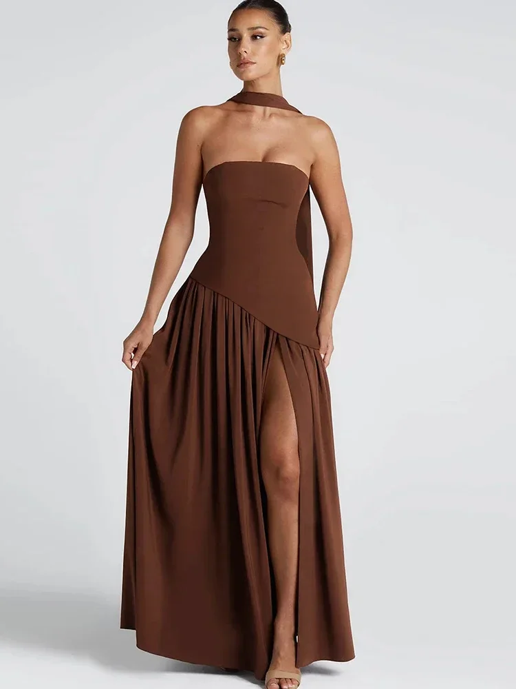 CPSYMYM – robe Patchwork dos nu pour femmes, drapée, fente latérale, ruban, sans bretelles, sans manches, élégante, pour fête d'anniversaire, été