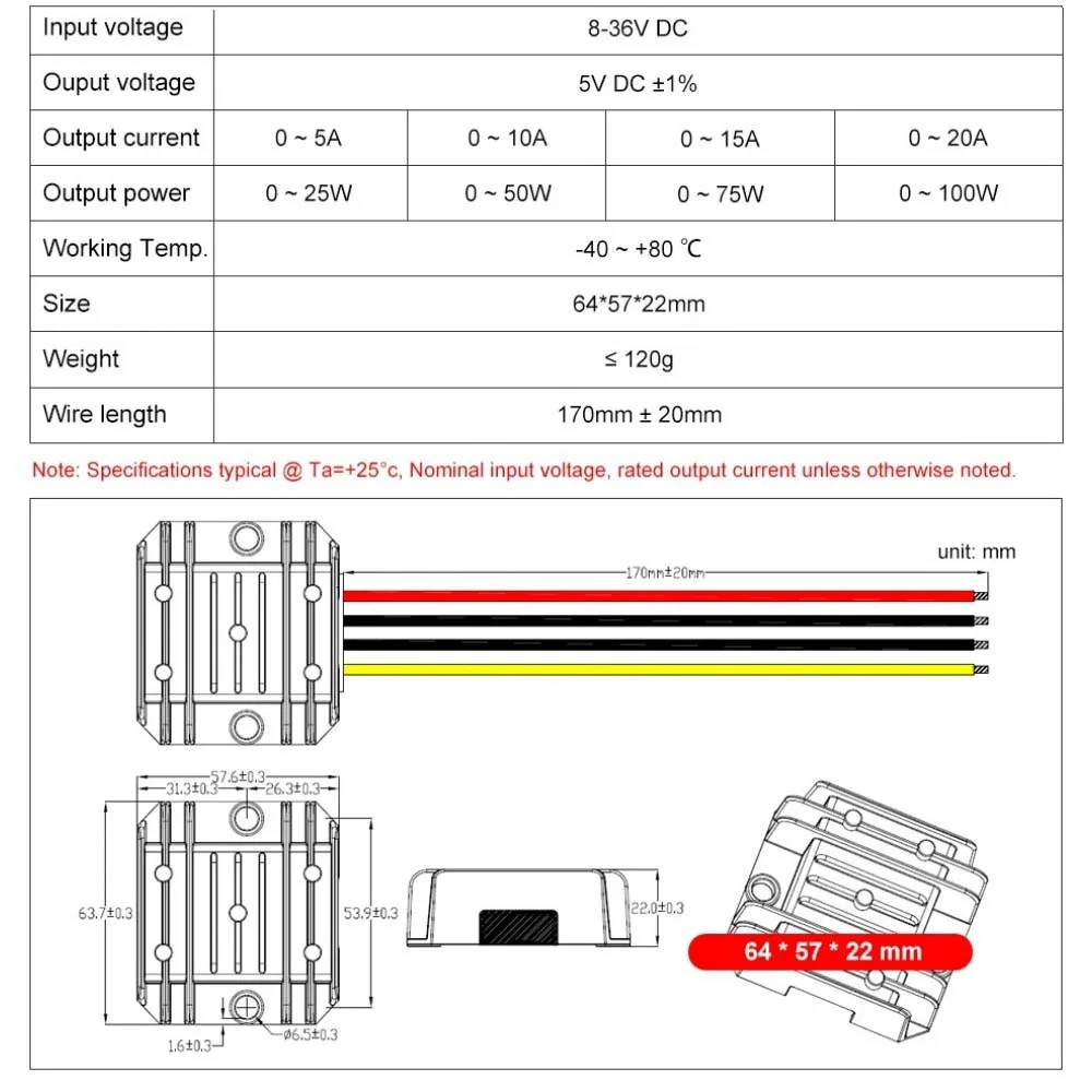 

DC 12V/24V to 5V 5A 10A 15A 20A Step-down Power Converter Module Buck Voltage Regulator LED Switching Power Supply Adapter